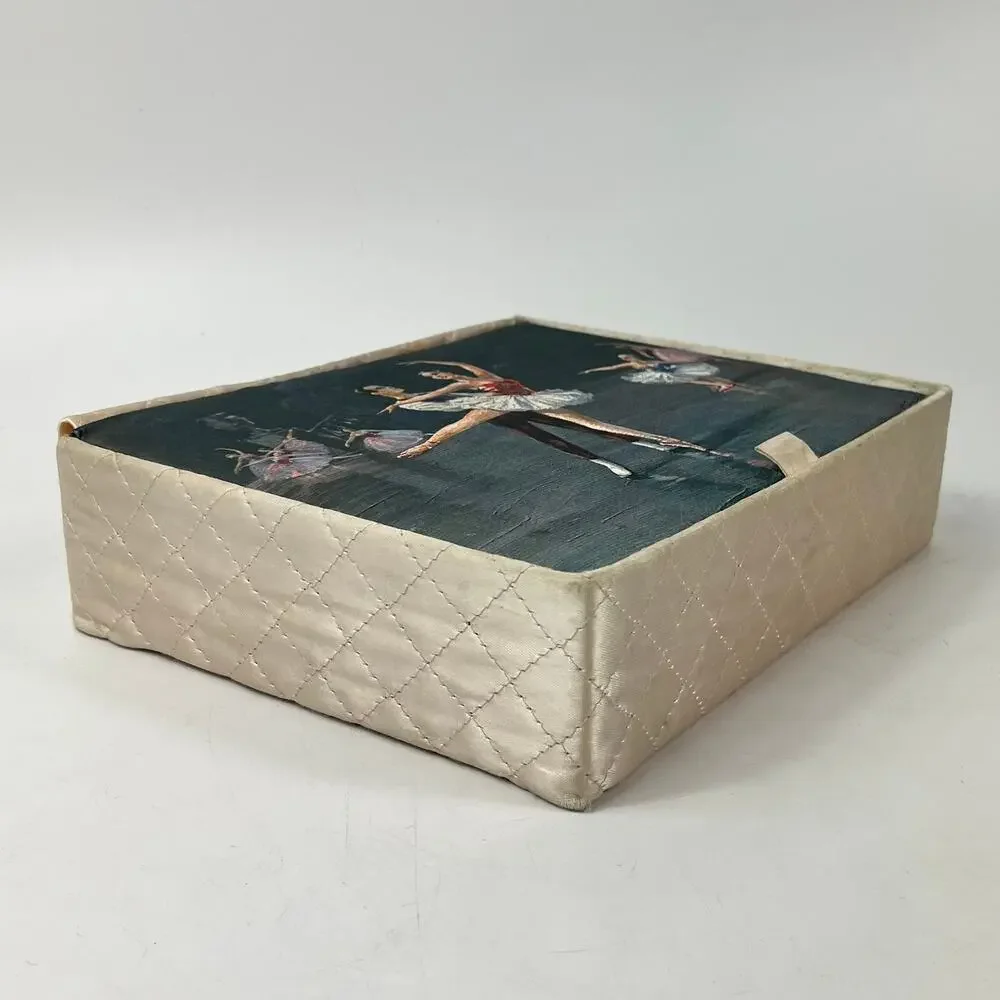 Vintage Quilted Satin Ballet Dancer Jewelry Box August Albo Print Lid 9.5